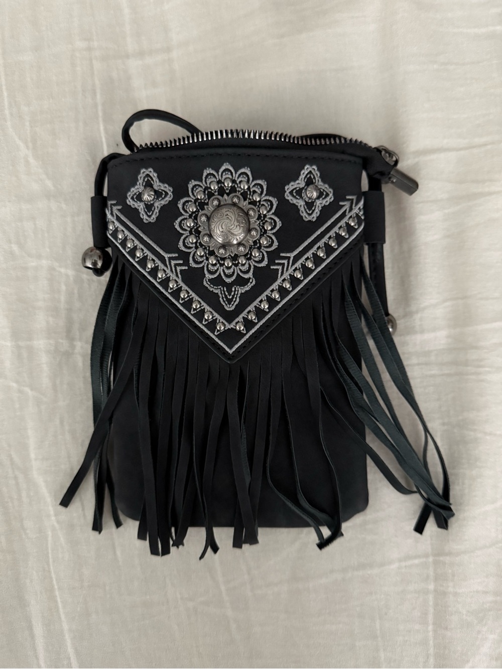 Black Fringe Crossbody Bag with Silver Concho Embellishment